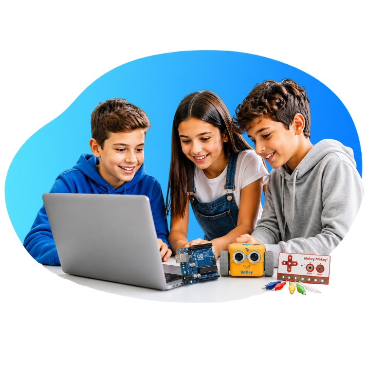 Niños trabajando en programación y robótica